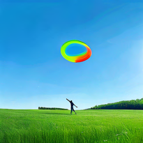 A colorful frisbee above a green field generated by Sana