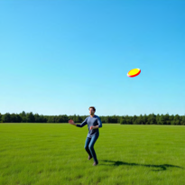 A small frisbee above a person in a green field generated by OmniGen2