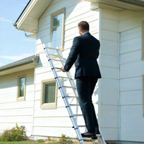 A suited man standing on a ladder against a white house generated by Stable Diffusion 3.5