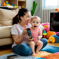 An adult and child sitting beside toys, generated by Show-O
